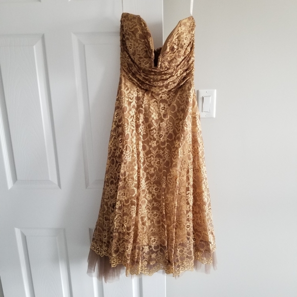 Bronze/Gold Lace Overlay Strapless Formal Gown - Picture 2 of 15